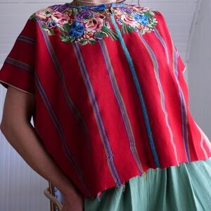 Vintage hand woven and hand embroidered red striped huipil